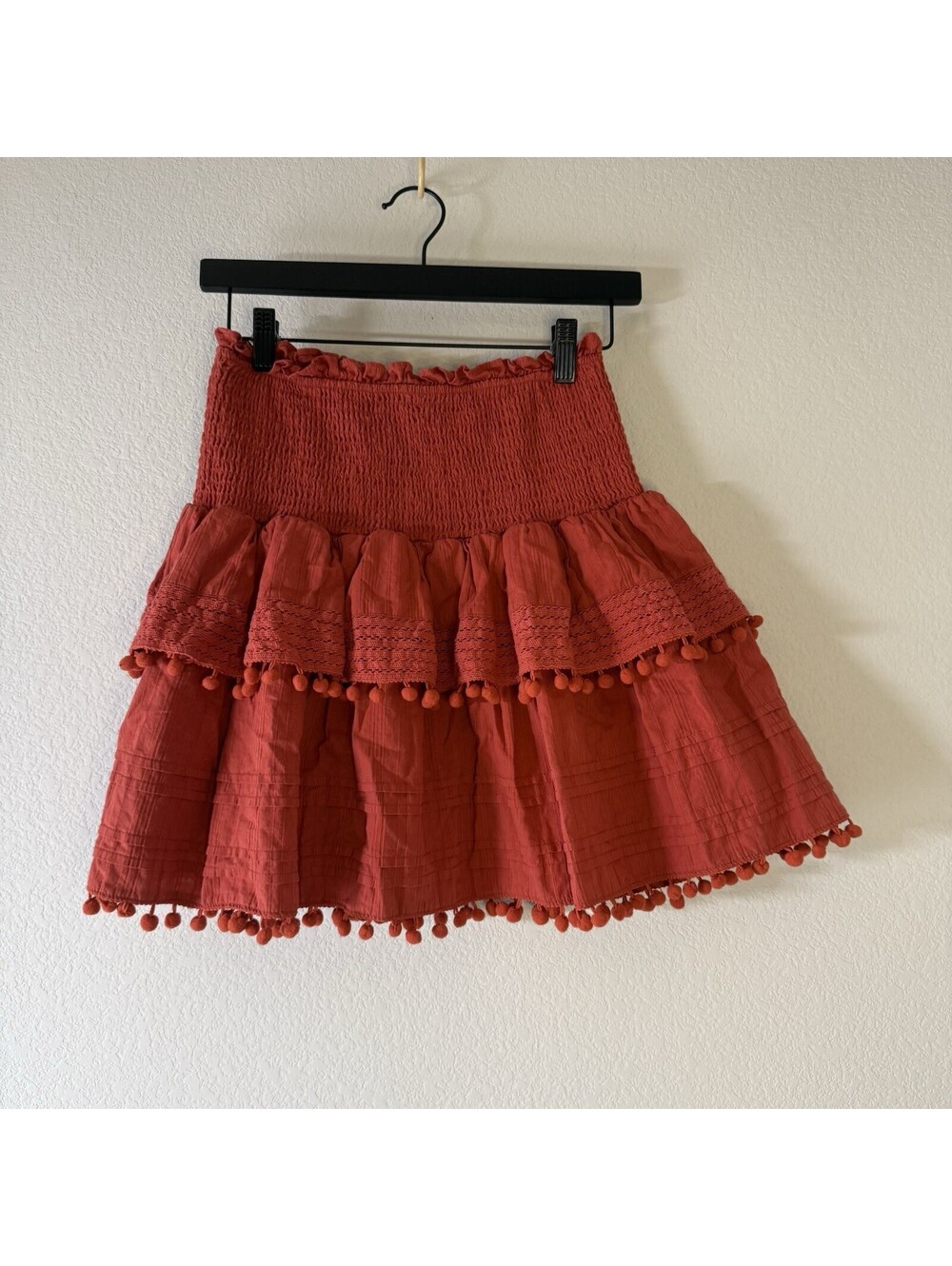 House of Harlow 1960 Skirt Women M Red Tiered Smocked Pom Pom Boho Mini - Picture 2 of 9